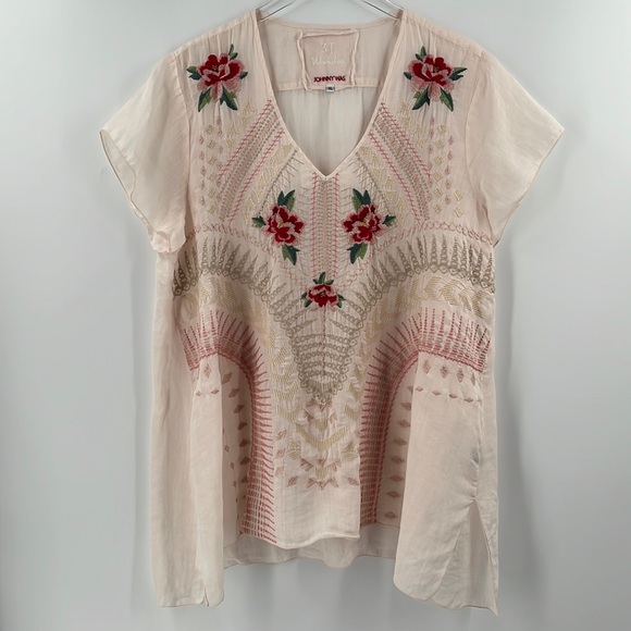 Johnny Was Tops - Johnny Was Shell Pink Embroidered Tunic Top Short Sleeve Pastel Floral XLarge